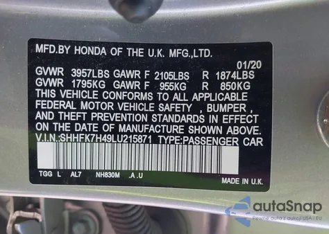 2020 Honda Civic Sport из США, поврежденный, VIN SHHFK7H49LU215871